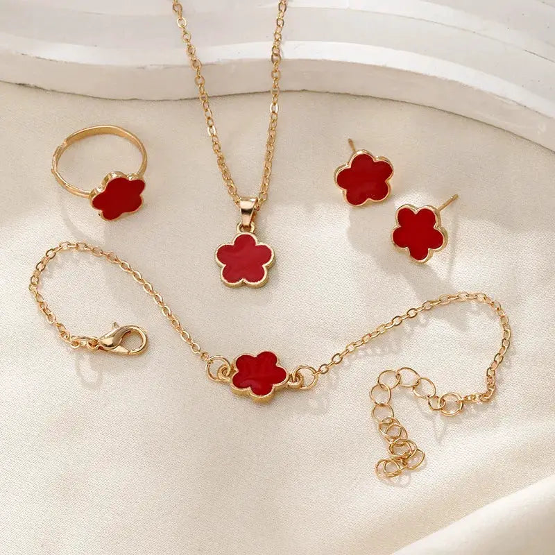 Lucky Clover Five Petal Necklace Earrings Ring Bracelet Set For Women Fashion Accessories Party Jewelry
