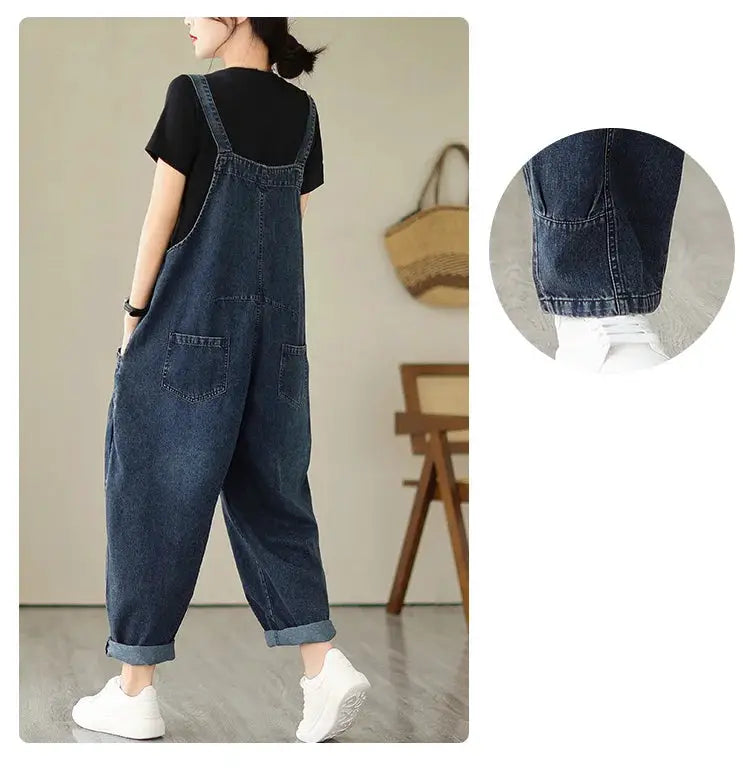 Women’s blue denim overalls with suspenders, loose fit, back patch pockets, rolled cuffs