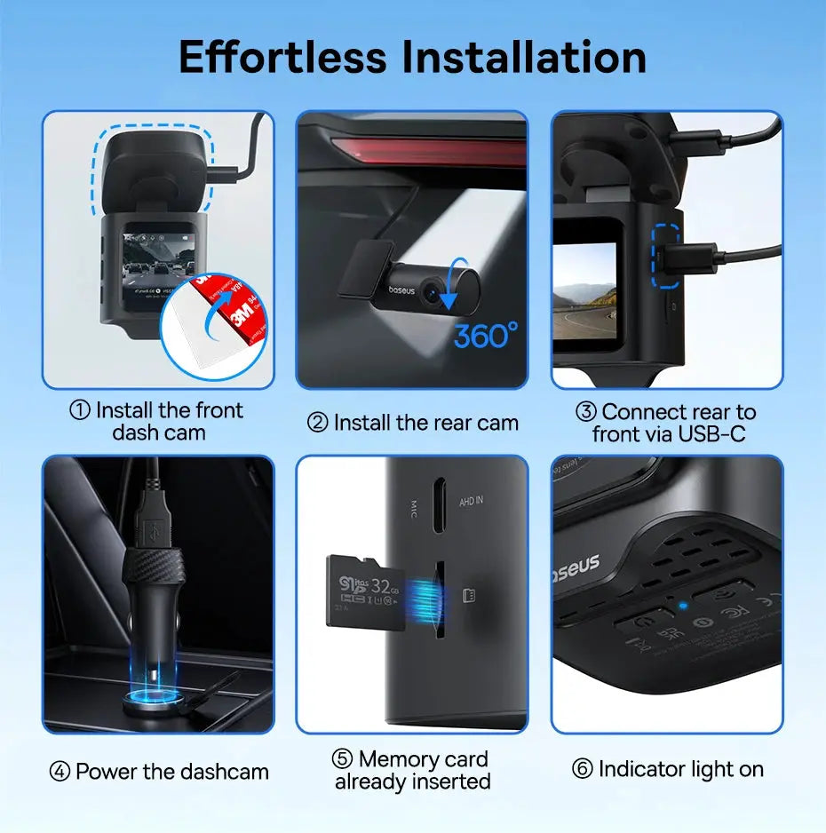 Baseus 3K Dash Cam VD1 with front and rear cameras, USB-C connection and memory card slot