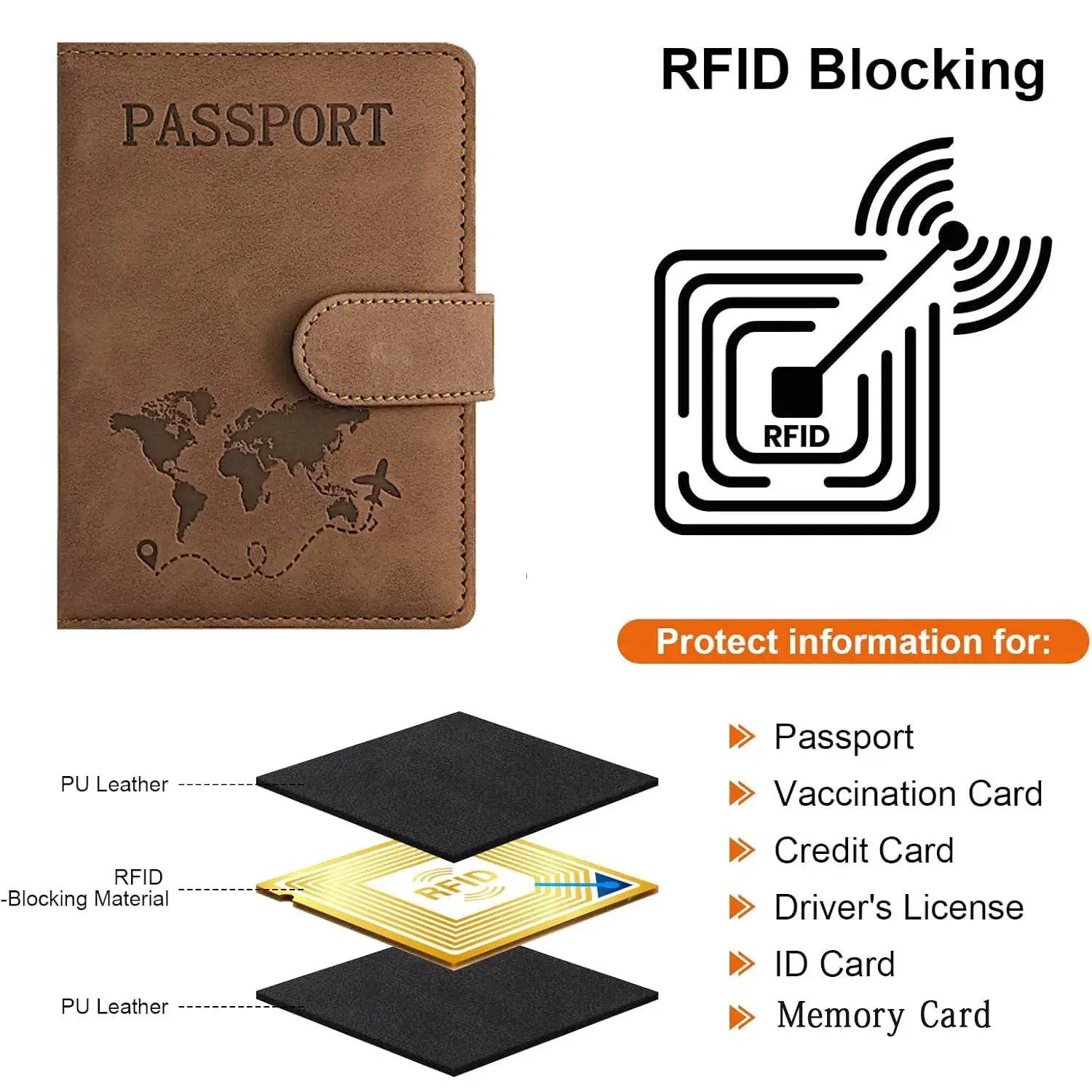 Passport holder in brown leather with strap closure and RFID blocking.