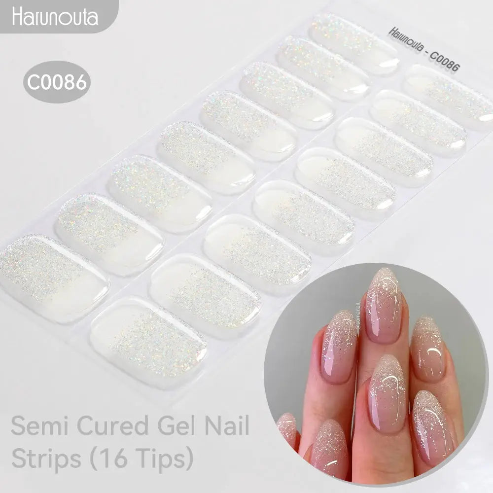 Harunouta gradient auroras semi-cured gel nail strips, 16 tips with holographic glitter