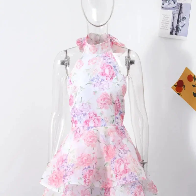 Floral Printed Backless Mini Dress Sleeveless A Line Party Clubwear