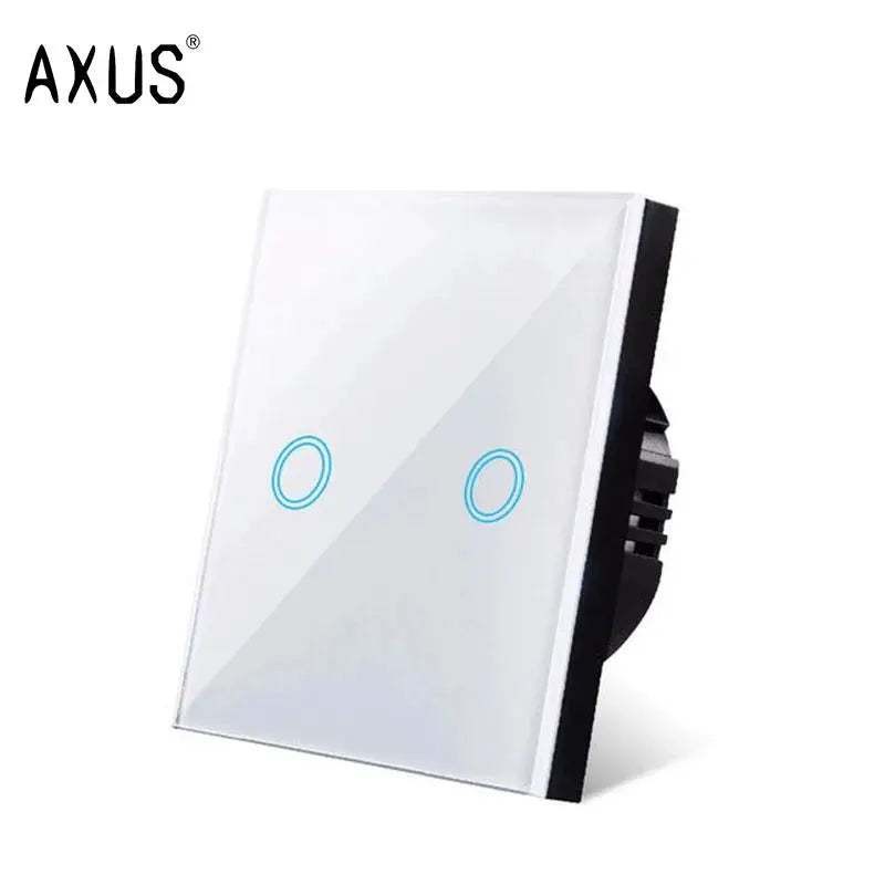 AXUS touch switch panel, white tempered crystal glass dual-gang with blue LED backlight