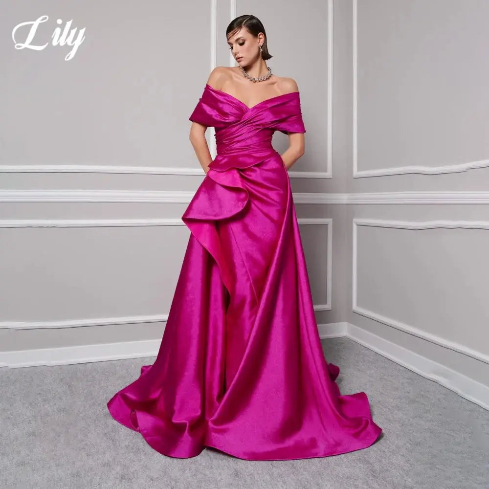 Lily Red Satin Prom Gown Off Shoulder Party Dress Pleated Side Split