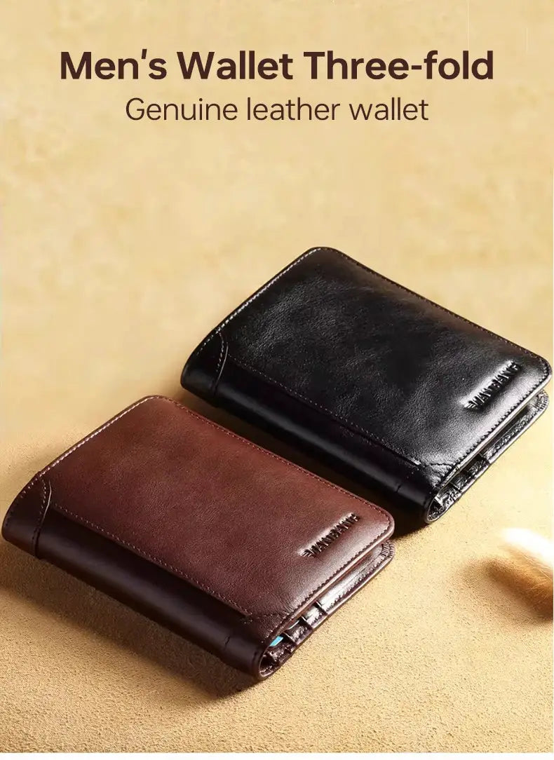 ManBang genuine leather men's three-fold wallets in brown and black, two pieces