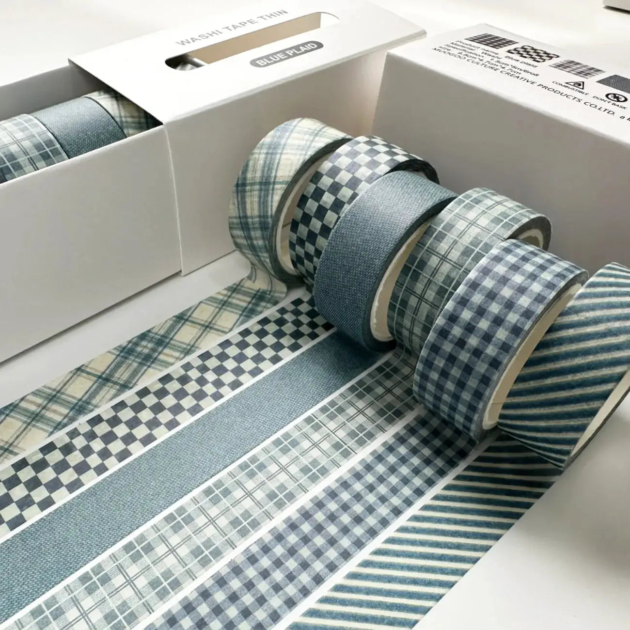 Washi tape set: 20 blue rolls with plaid, check, and striped patterns