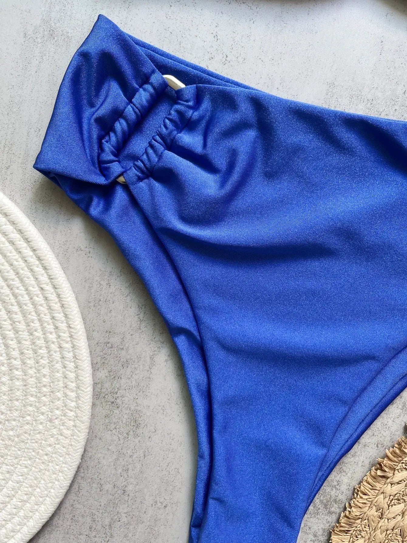 Bandeau bikini top by Simples Market; cobalt blue solid swimsuit with ruched elastic edge