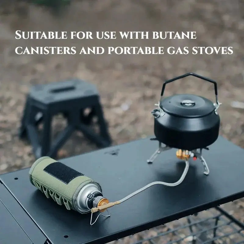 Butane adapter with bracket by Simples Market; two devices shown: green canister and camping stove.