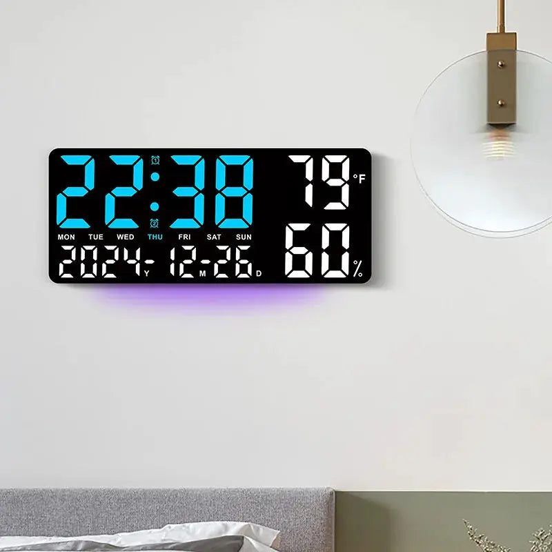 Large black digital wall clock with blue digits and 7-color mood light, displaying date, temperature and humidity.