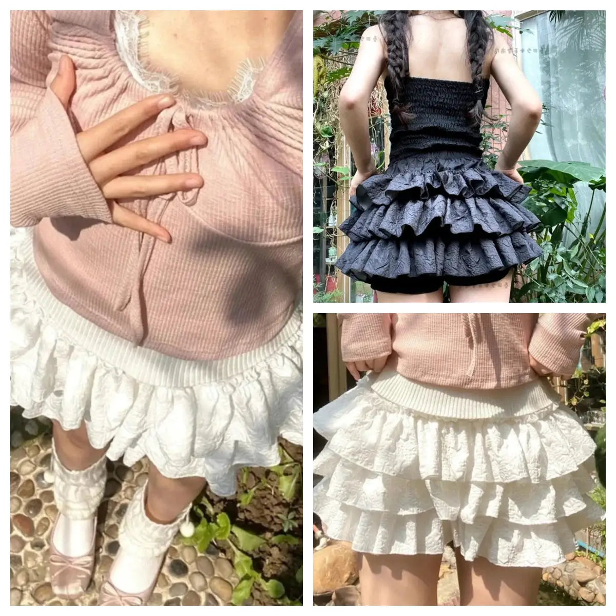 Kawaii layered mini skirt set by Simples Market in white and black with ruffled tiers and elastic waist