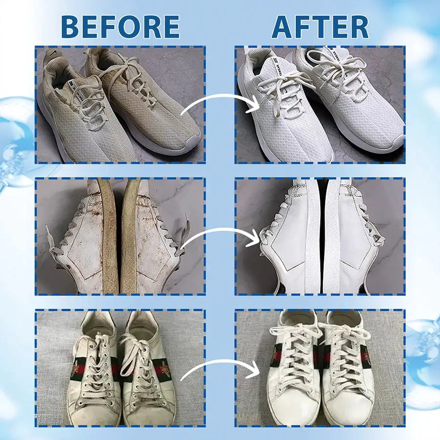 Simples Market 100ml white shoe cleaner foam for suede, sheepskin and leather sneakers; 3 pairs shown before/after.