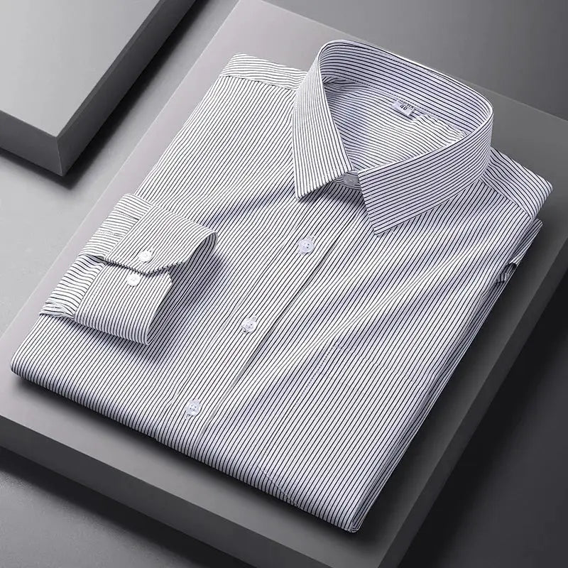 Men's formal striped dress shirt by Simples Market, long sleeve, light blue and white, folded