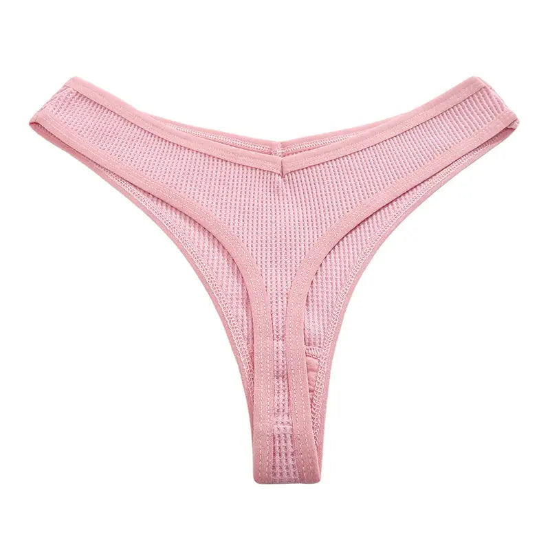 Pink waffle-knit thong panty for women, V-waist style