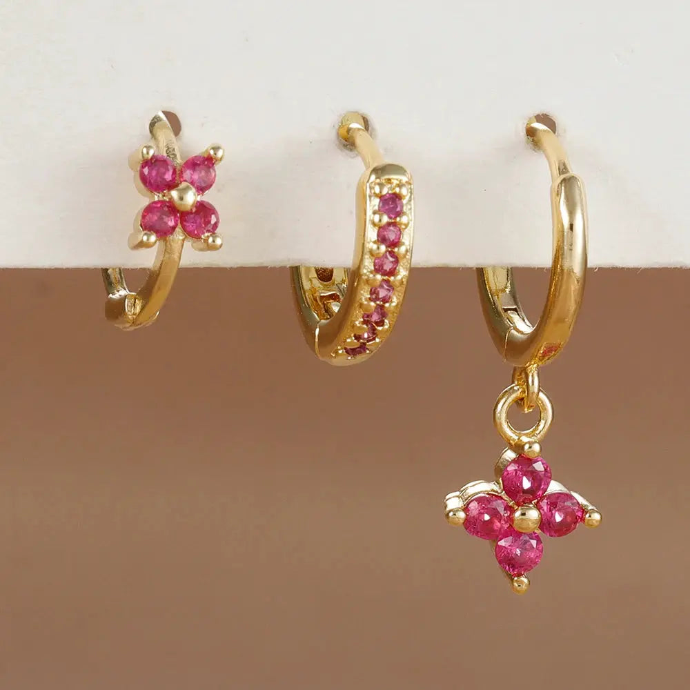 3Pcs Trendy Stainless Steel Flower Drop Earrings Set For Women Crystal Zirconia Dangle Hypoallergenic Piercing Jewelry
