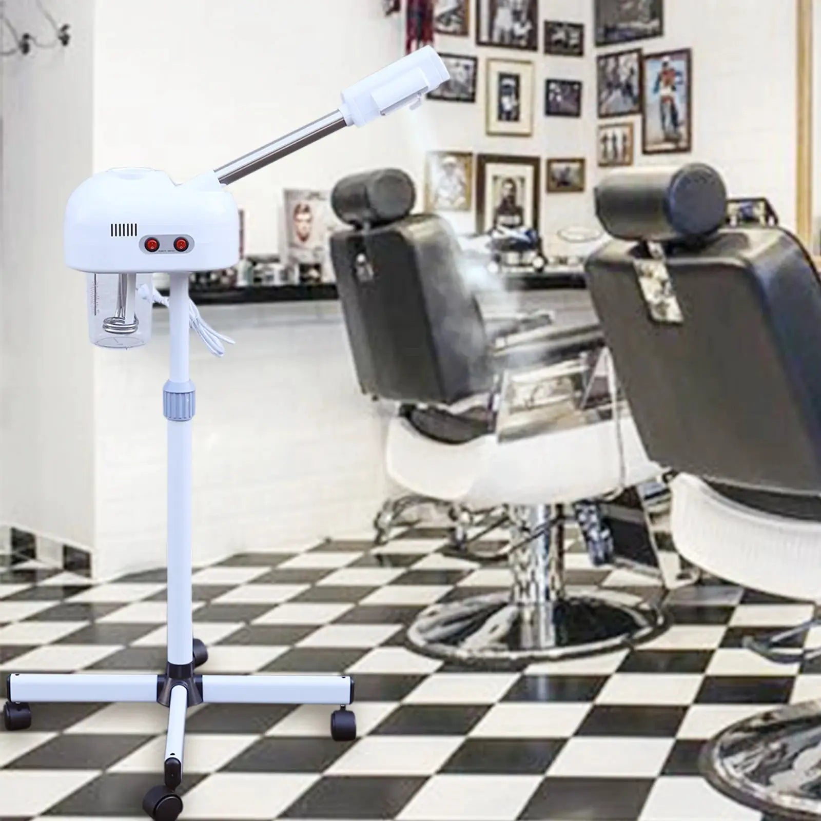 Ozone facial steamer by Simples Market on a white adjustable wheeled stand in a salon