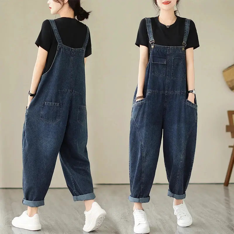Denim overalls with suspenders, blue cargo pockets, rolled cuffs.