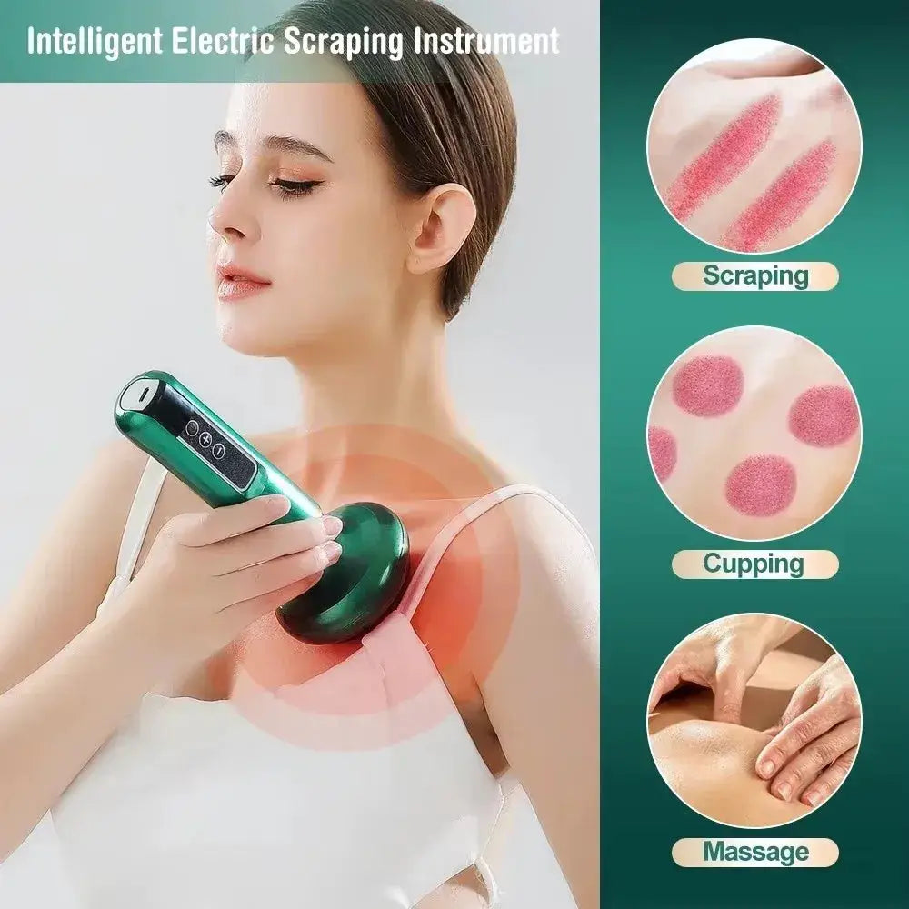 Green electric gua sha massager with suction cup for cupping, scraping, and massage on the shoulder
