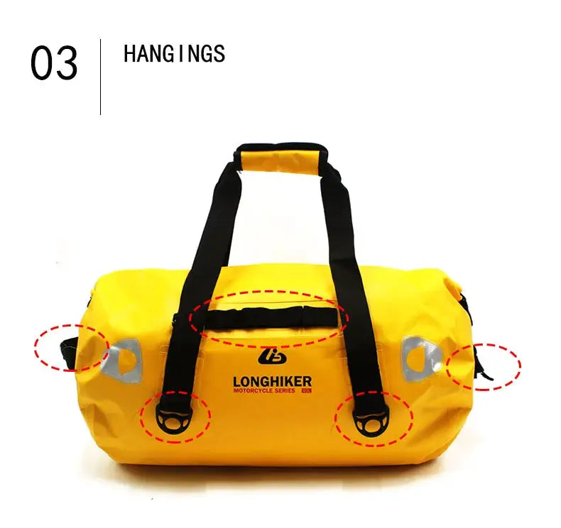 Yellow 40L-120L waterproof duffle bag with black carrying straps; LONGHIKER Motorcycle Series logo.