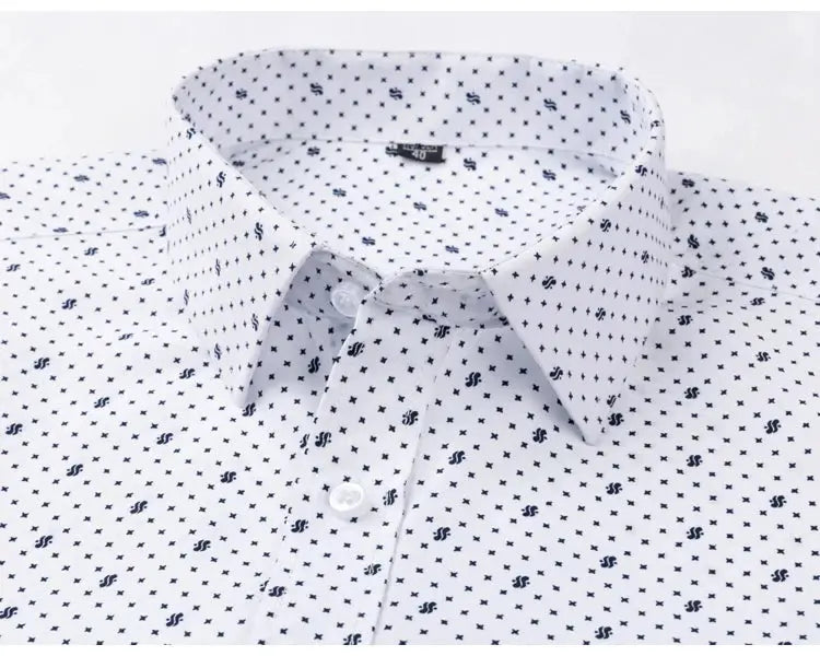 Men's long-sleeve shirt in white with tiny navy print, button-front collar.