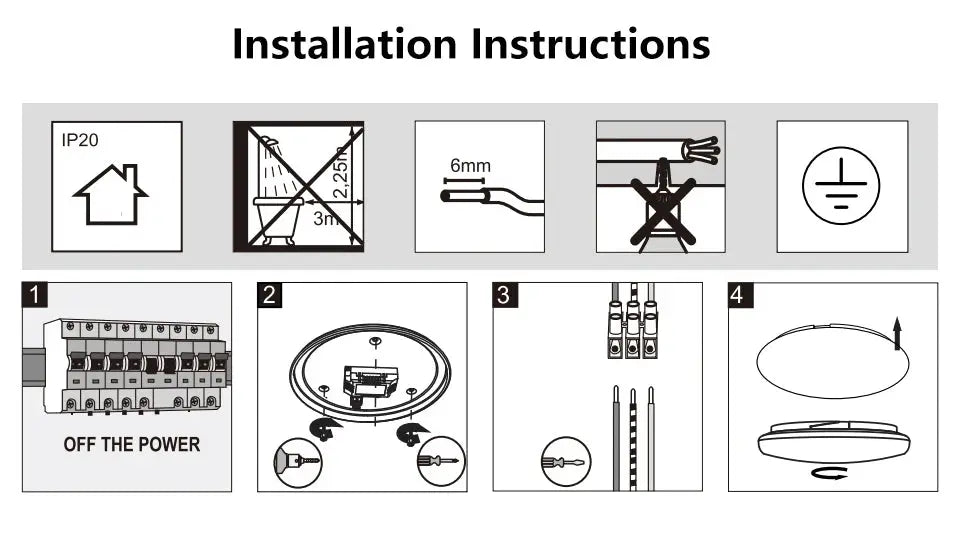 Simples Market LED Smart Ceiling Lamp installation guide diagram showing four mounting steps and IP20 symbol