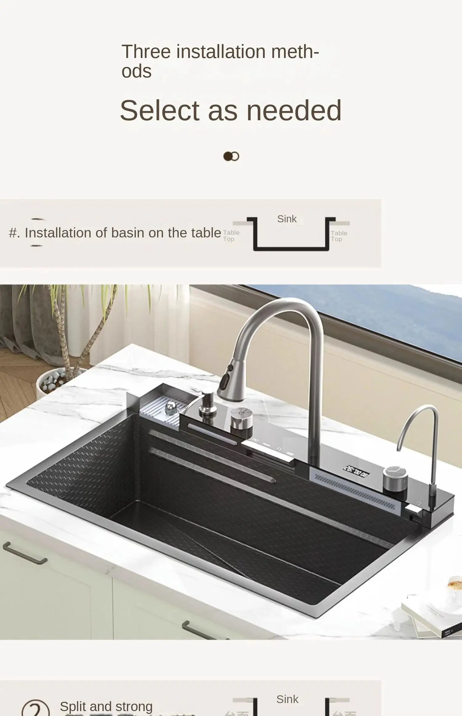 Simples Market integrated waterfall kitchen sink with honeycomb-textured black basin and built-in soap dispenser