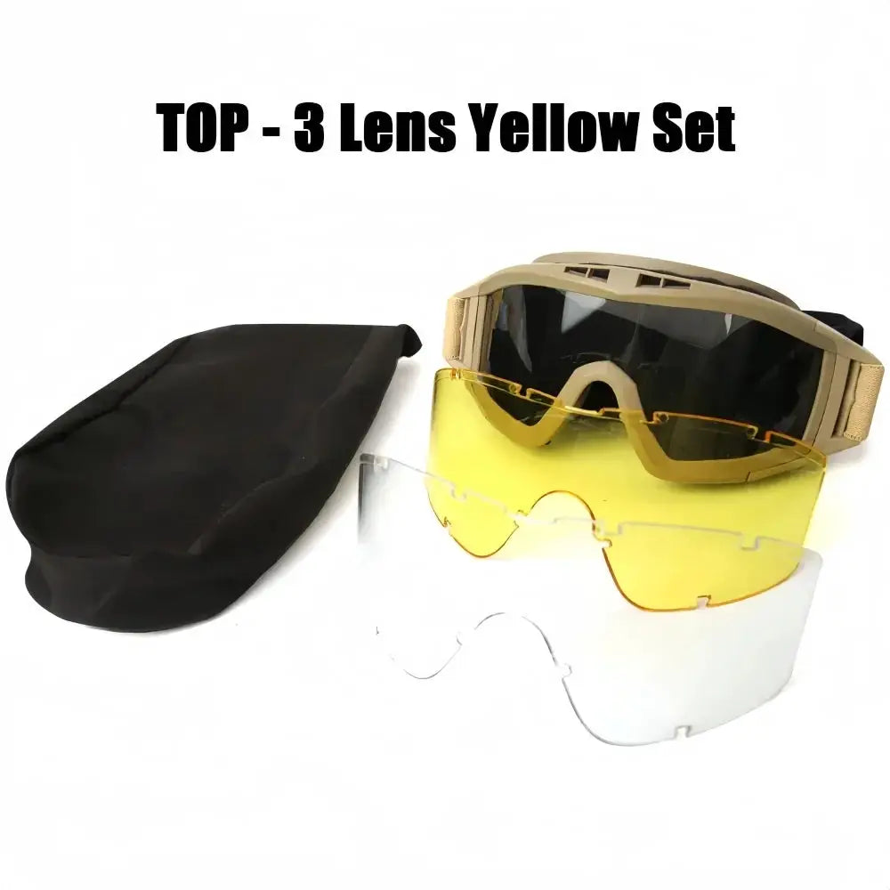 Airsoft tactical goggles with tan frame and three lenses (yellow, clear, white) and a black carrying pouch