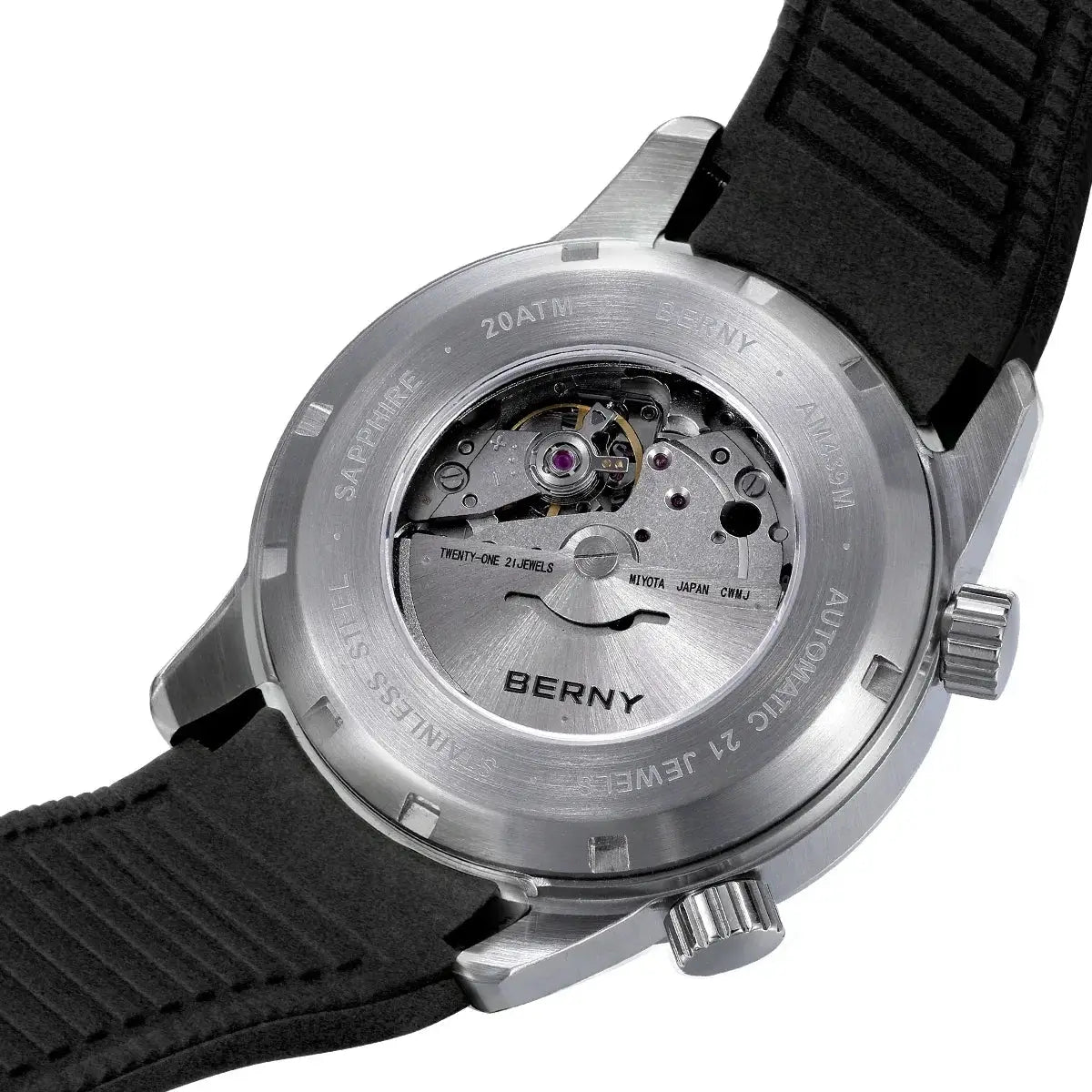 BERNY men's dive watch, 42mm, 200M water resistant, sapphire caseback, automatic movement, black rubber strap