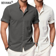 BEVAMA Simples Market men's short-sleeve shirt, gray and white, stand-up collar, breathable linen top.