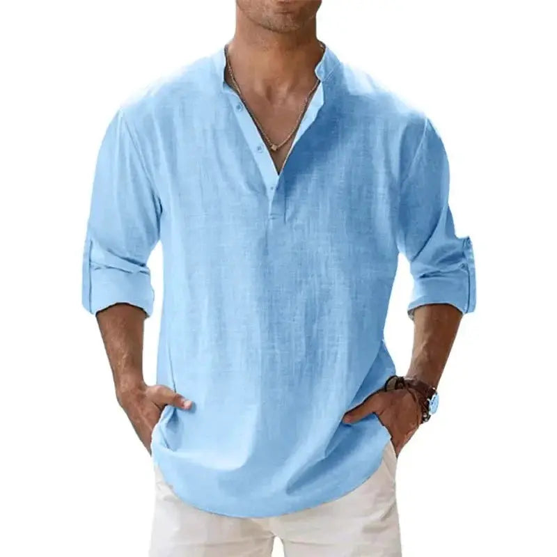 Men's Lightweight Long Sleeve Henley Shirts Cotton Linen Blend Breathable Casual Beachwear Tee