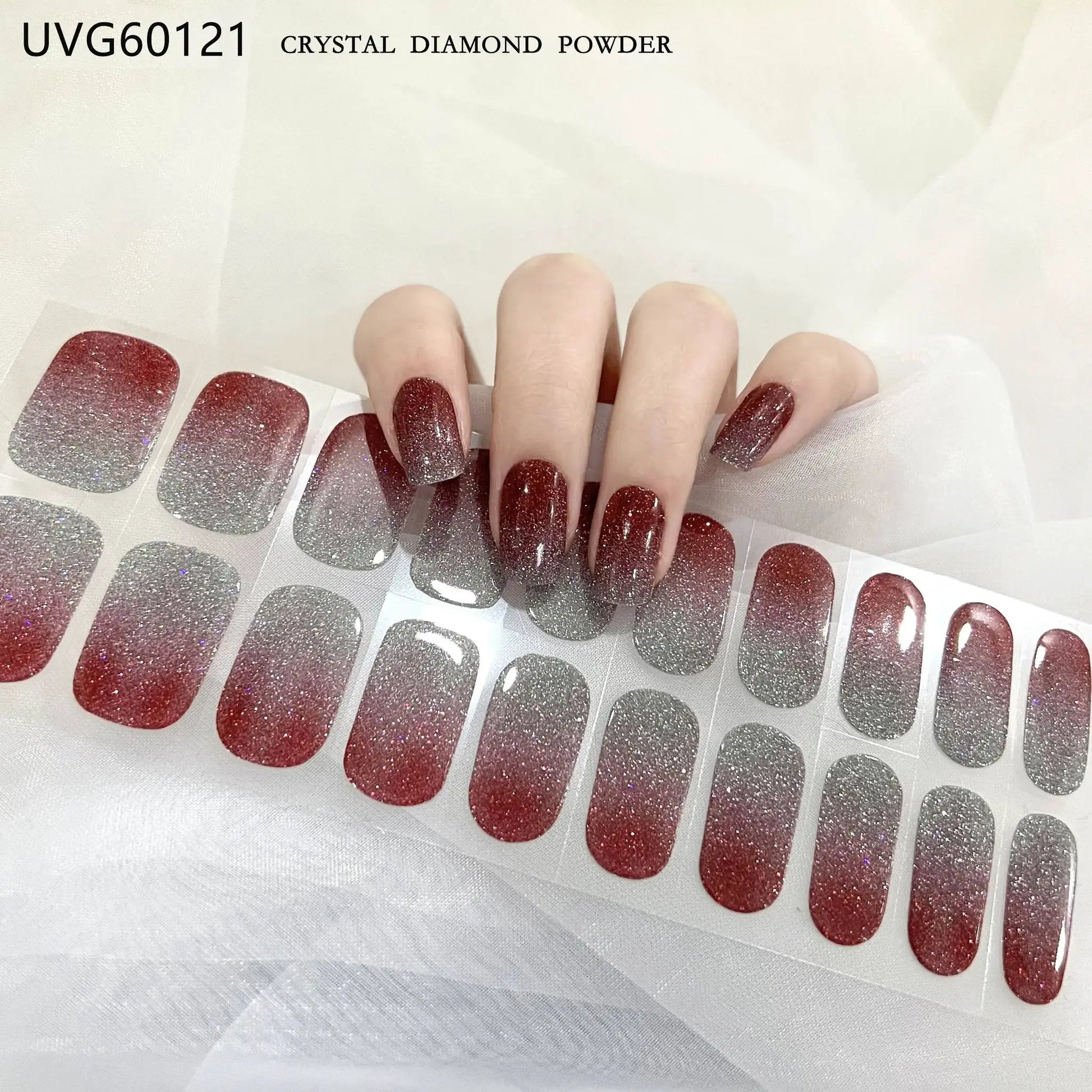 Gel nail wrap set with 16/20/22 tips, full-cover burgundy glitter to silver gradient for DIY UV lamp manicure