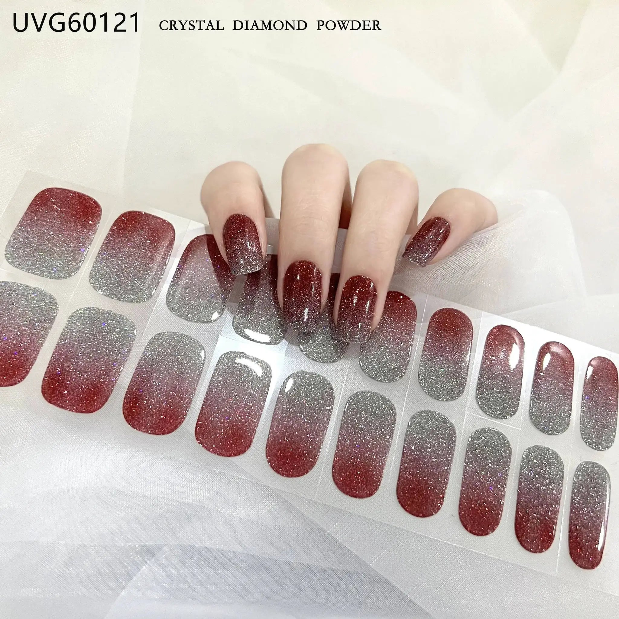 Gel nail wrap set with 16/20/22 tips, full-cover burgundy glitter to silver gradient for DIY UV lamp manicure