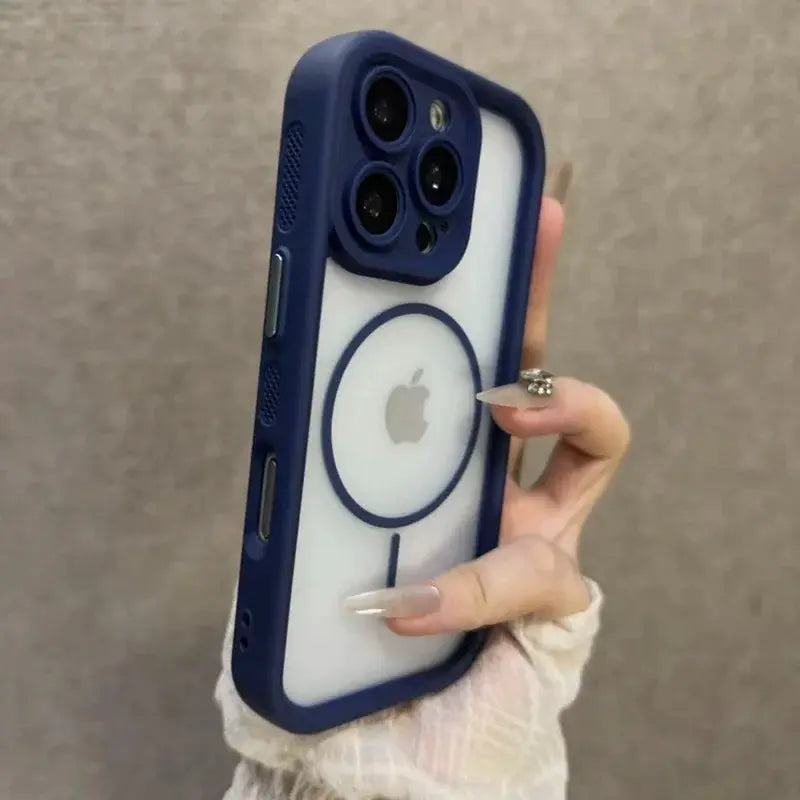 Trendy 2-in-1 skin-feel iPhone case with MagSafe, blue bumper and white back, by Simples Market