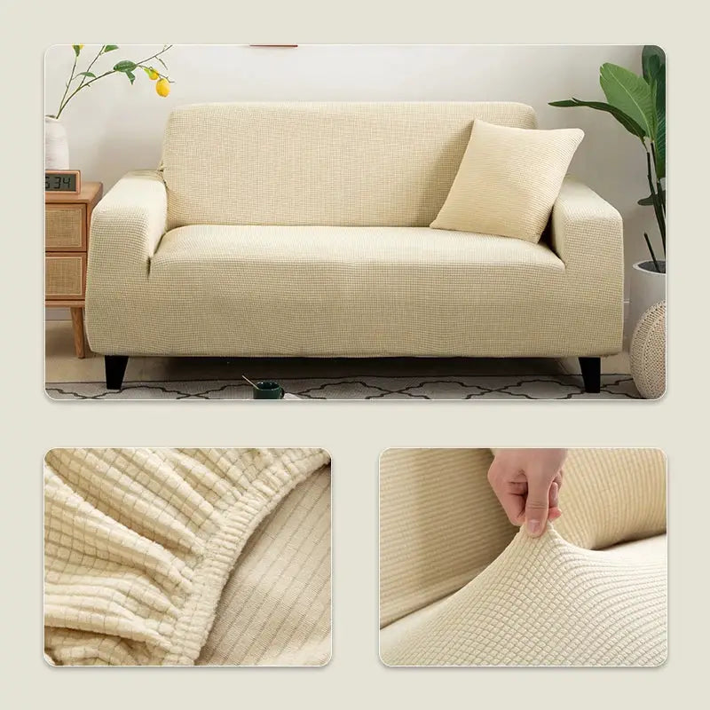 Elastic Jacquard Sofa Cover in beige; knit textured fabric with elastic edge for 3/4 seater sofas.