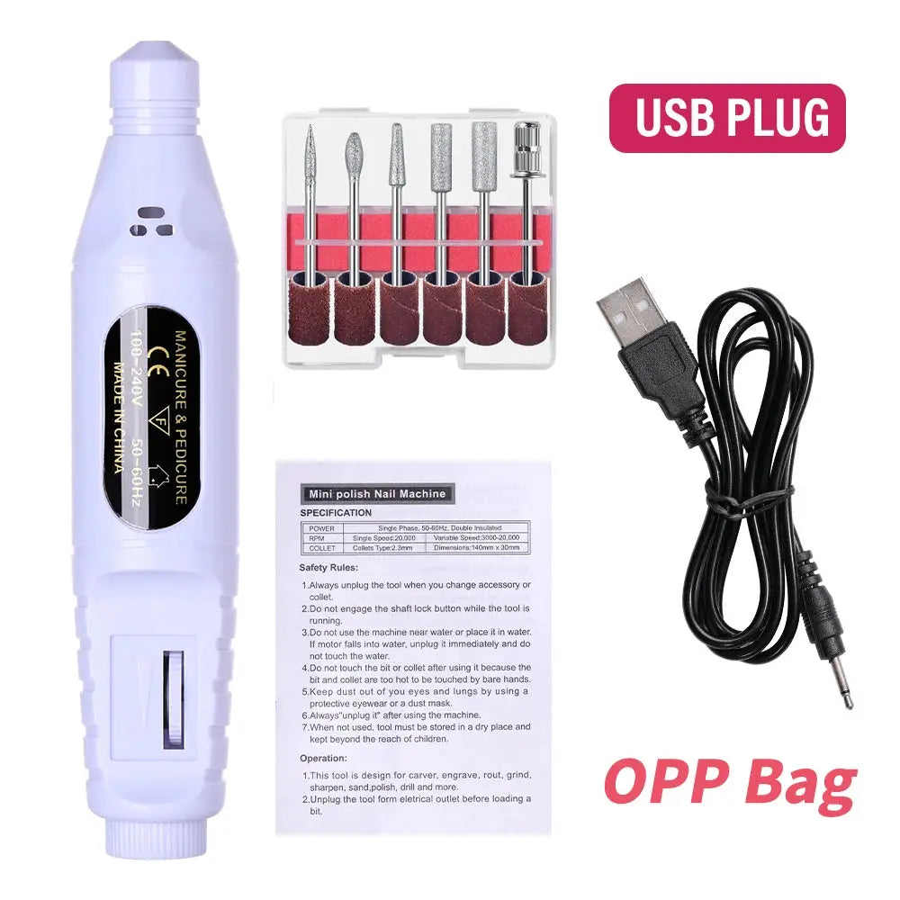 LINMANDA 6 In 1 Electric Nail Drill Kit Portable USB Powered Low Noise 0 To 20000 RPM For Manicure And Pedicure