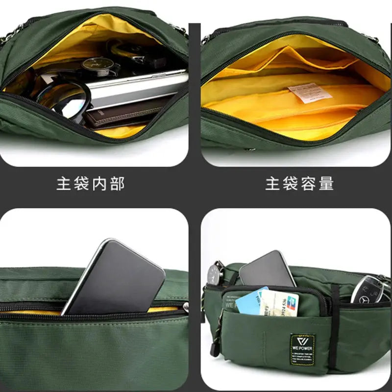Simples Market green nylon waist pack with yellow interior and multiple pockets