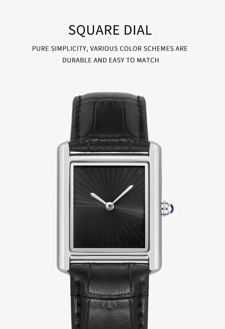 Square dial watch by Simples Market; black dial, silver case, black leather strap.