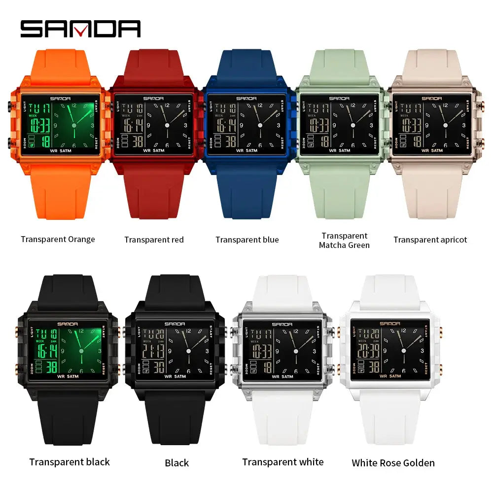 SANDA 6273 square dual-time wristwatch set in 9 colors, digital-analog, waterproof