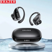 ERAZER XT80pro TWS AI Bluetooth earphones with earhooks in black, wireless sports headphones and charging case