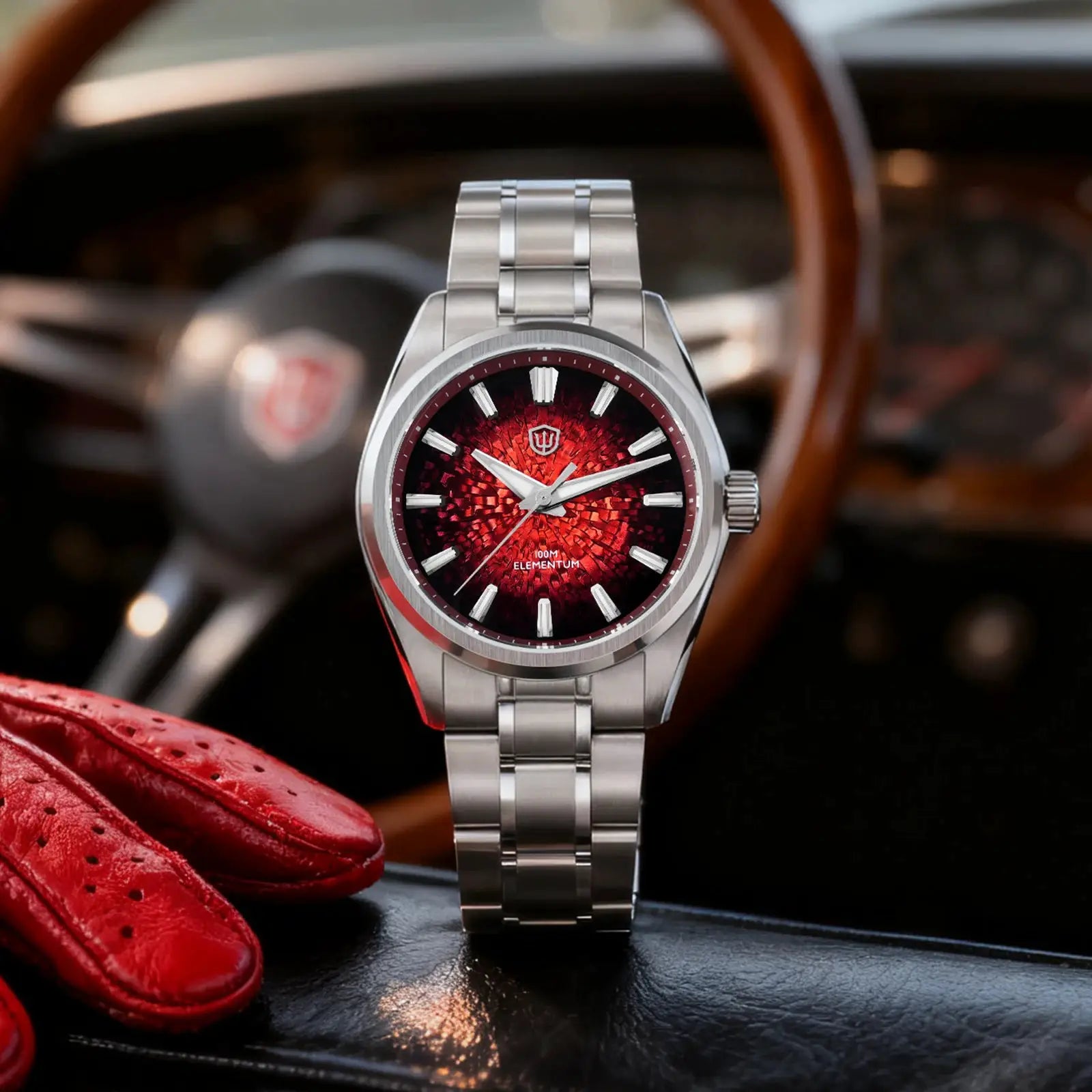 Watch WD0003C stainless steel men's wristwatch with red ice-crack dial and 100m waterproof