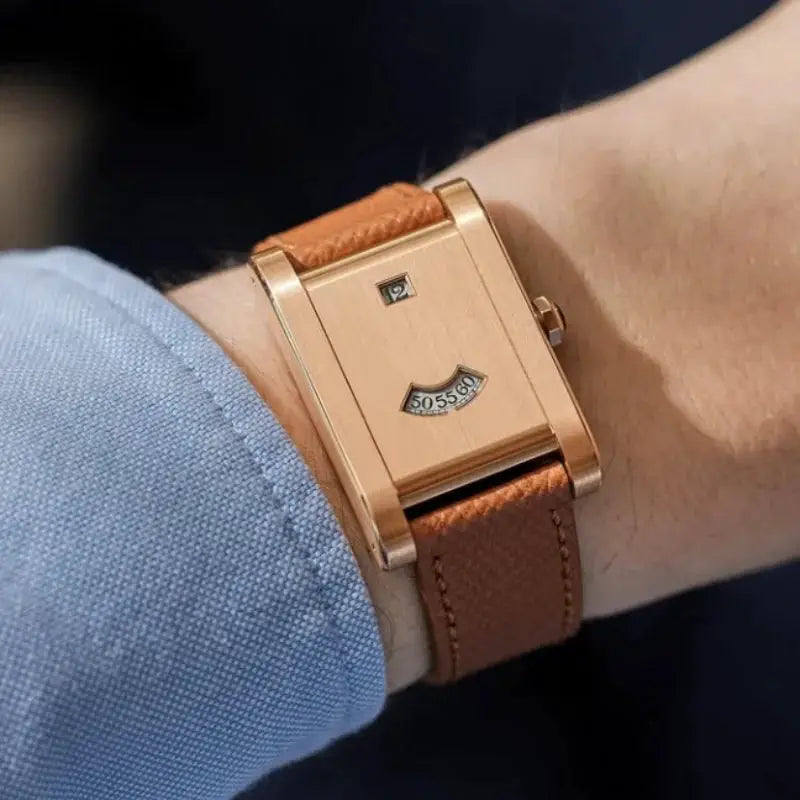 Men's square tank watch with rose-gold tone case and brown leather strap, automatic mechanical movement