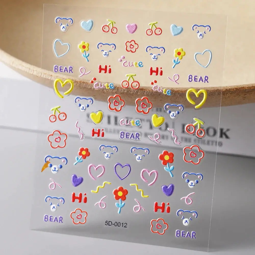 Simples Market 1pc 5D Macaron Flower Fruit Nail Charm Sticker sheet with embossed bears, rabbits, and letter decals