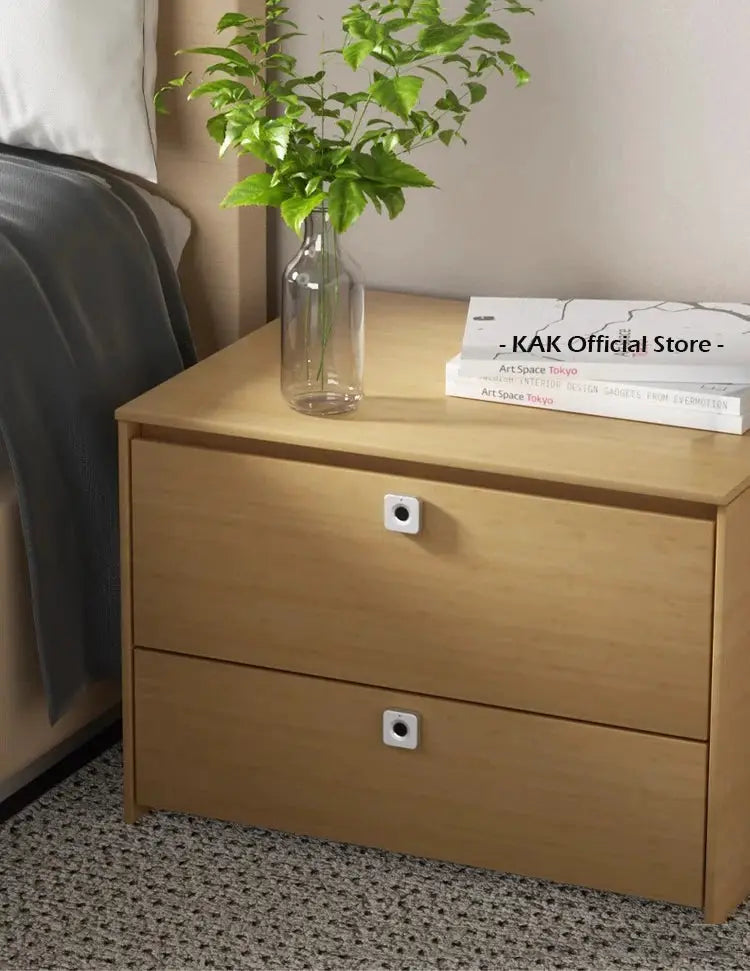 KAK biometric fingerprint lock on a light wood 2-drawer dresser; white square keyless drawer locks.