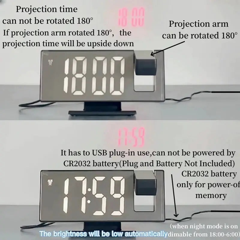 USB powered digital alarm clock with 180° rotatable projection arm and red LED time display by Simples Market