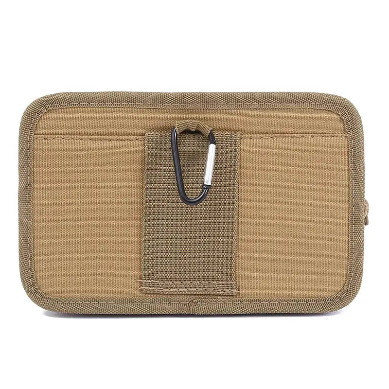 Men's waist pack by Simples Market; tan nylon tactical pouch with MOLLE strap and carabiner clip