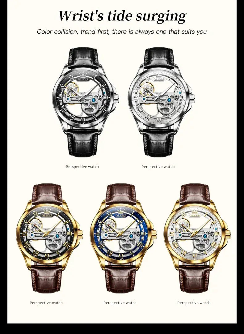 OLEVS 6661 skeleton automatic men’s watches with leather straps; waterproof, luminous hands, set of 6 color variants.