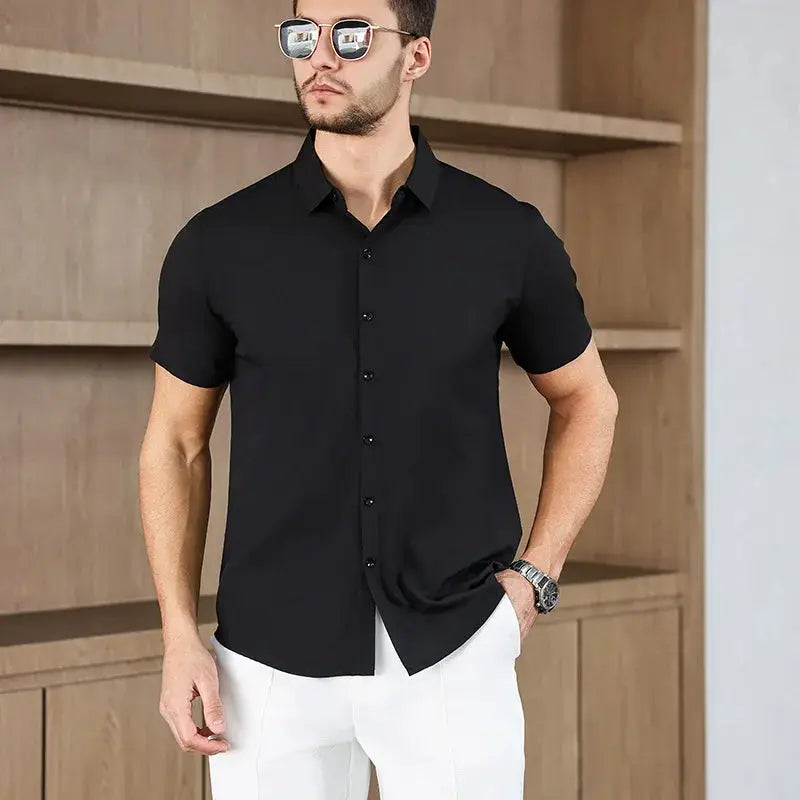 Men's black short-sleeve button-down shirt for business casual, solid color