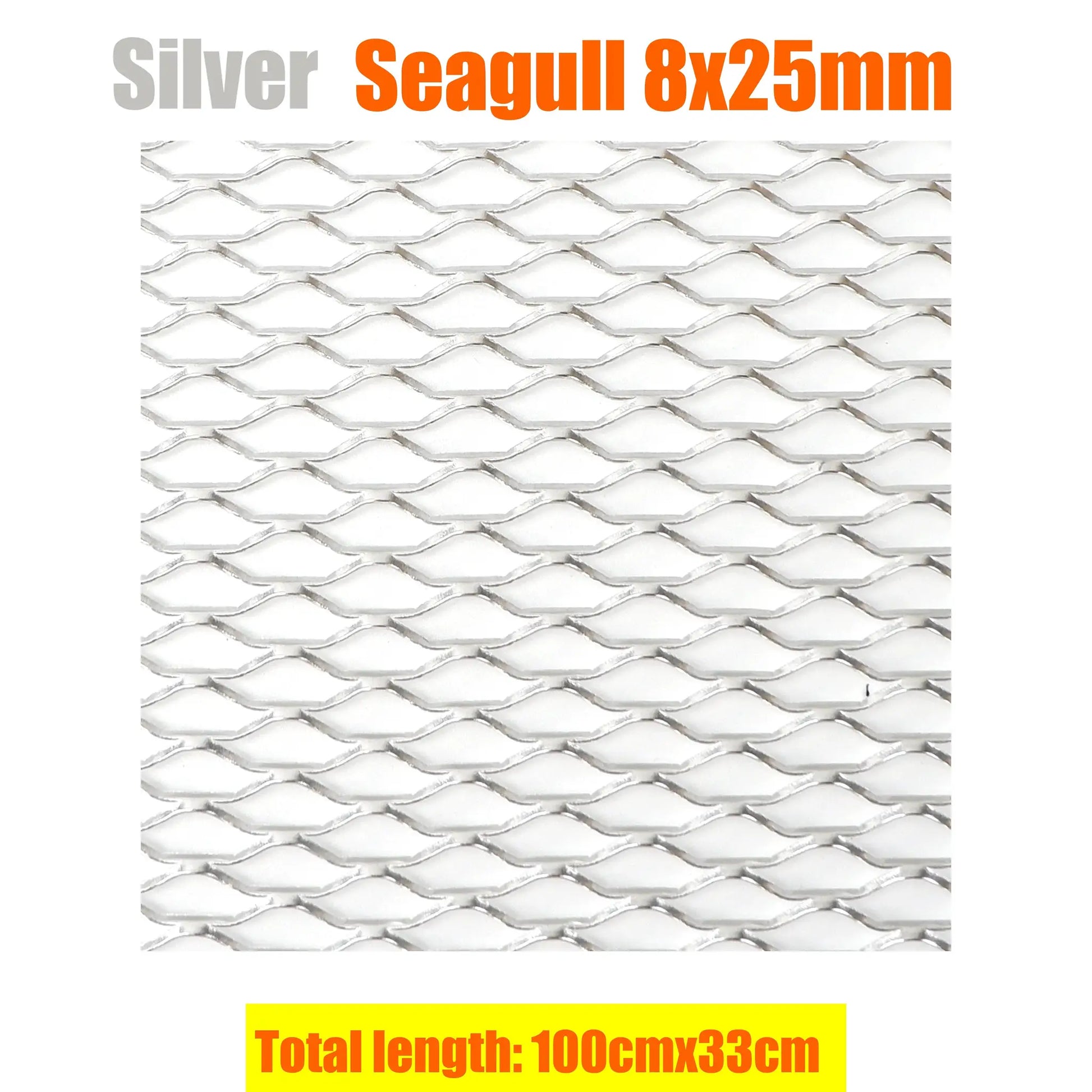 Aluminium racing car bumper grille mesh, silver, 100x33cm, diamond lattice pattern