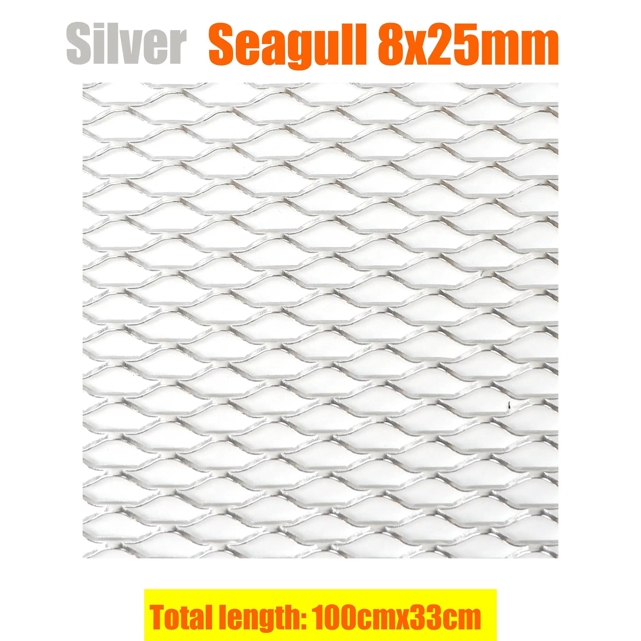 Aluminium racing car bumper grille mesh, silver, 100x33cm, diamond lattice pattern