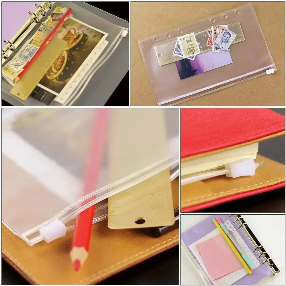 A6 6-hole binder pockets with transparent PVC zipper pouch for notebooks and planners by Simples Market
