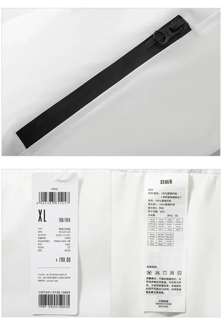 Semir men's white mid-length down jacket with black zipper and XL tag visible.